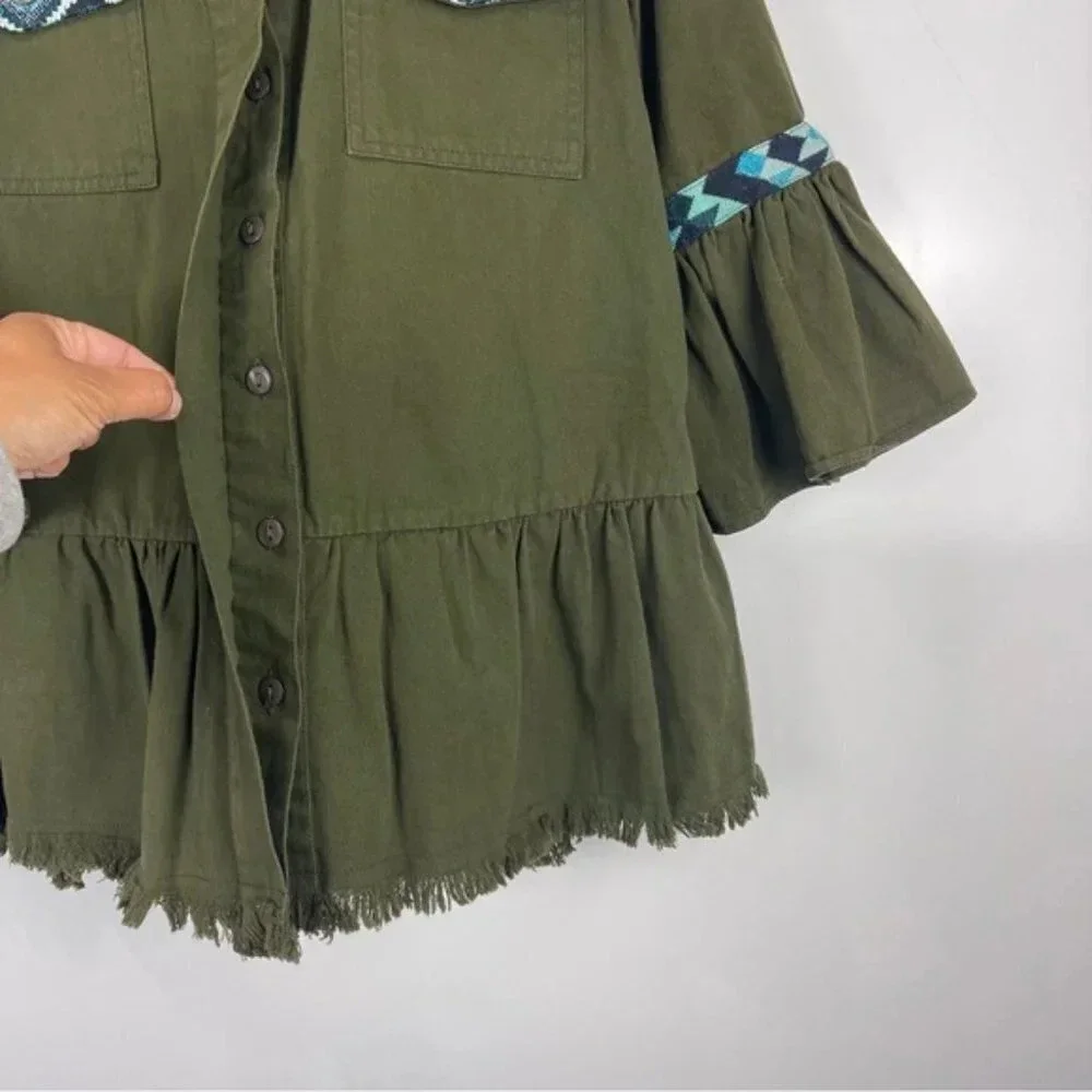 Anthropologie Beautiful Stories Green Aztec Fringe Boho Inika Jacket Size XS